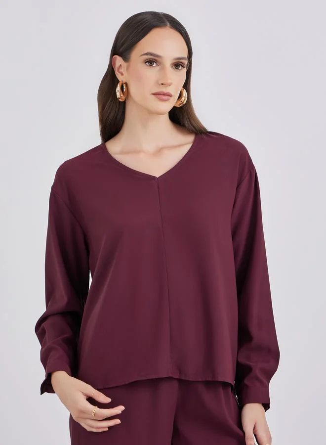 Styli Styli Burgundy V Neck Top and Pants Co-Ords with Scarf