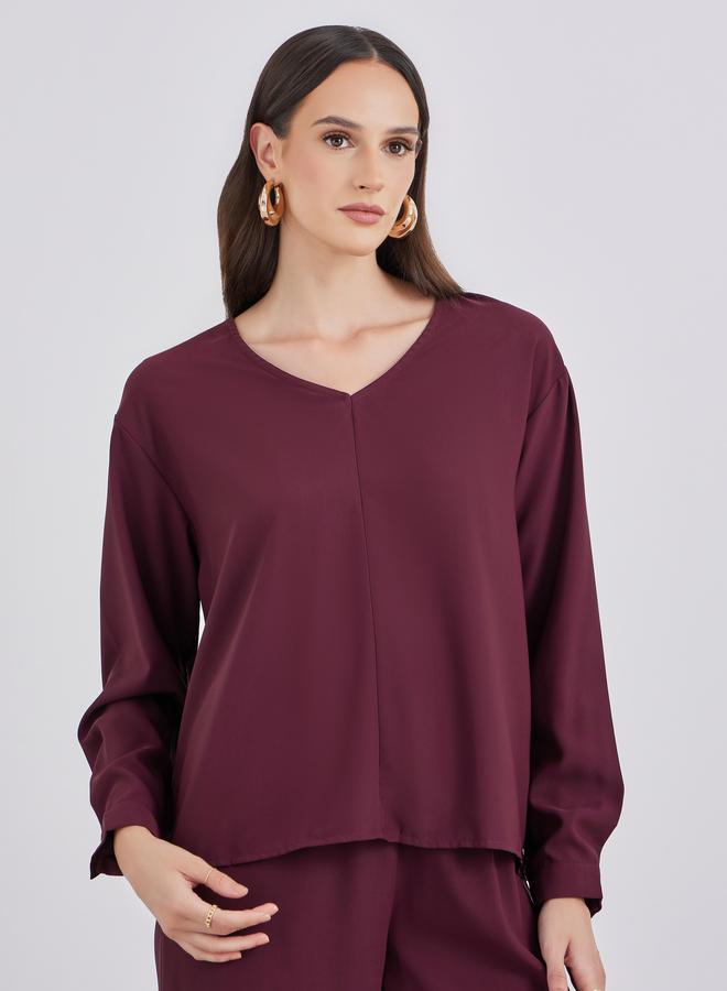 Styli Burgundy V Neck Top and Pants Co-Ords with Scarf - Image 4
