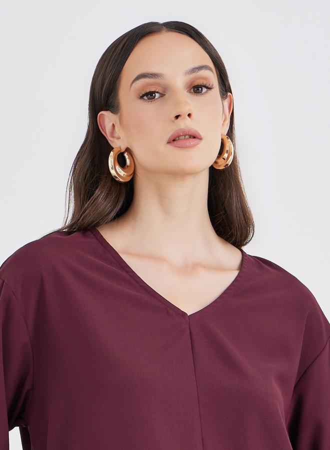 Styli Burgundy V Neck Top and Pants Co-Ords with Scarf - Image 5