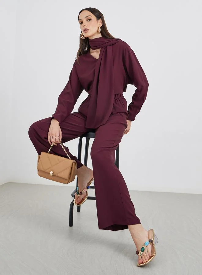 Styli Styli Burgundy V Neck Top and Pants Co-Ords with Scarf