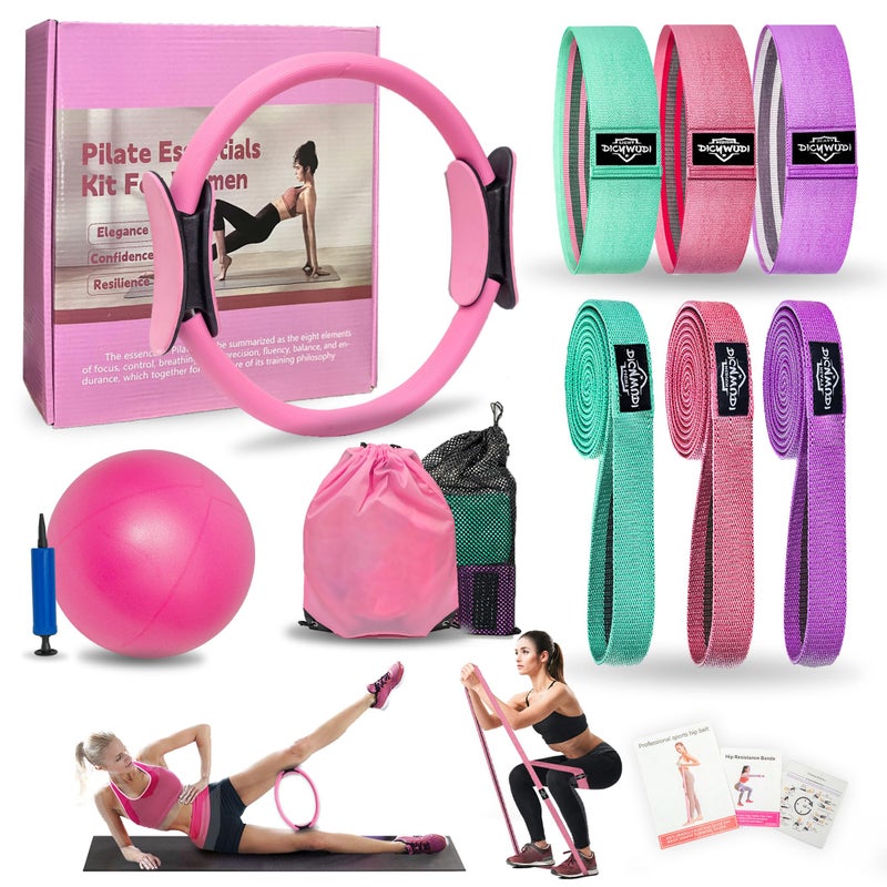 DICYWUDI Pilates Essentials Kit for Home Women, Pilates Equipment for Workouts, 6 Fabric Resistance Bands, 12 Inch Magic Circle Yoga Ring, Mini Exercise Ball, Great Exercise Equipment - Image 1
