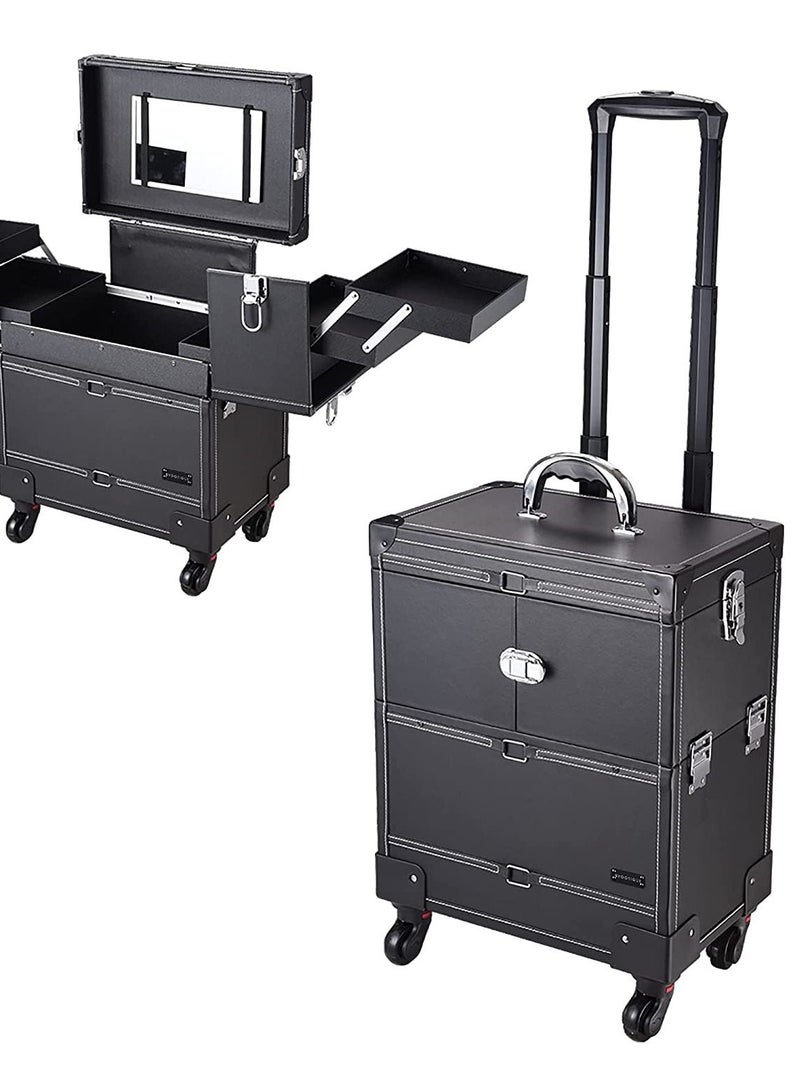 صن رايز حقيبة صن رايز بروفيشنال 4 عجلات متدحرجة للمكياج ومستحضرات التجميل ، أسود - Image 1