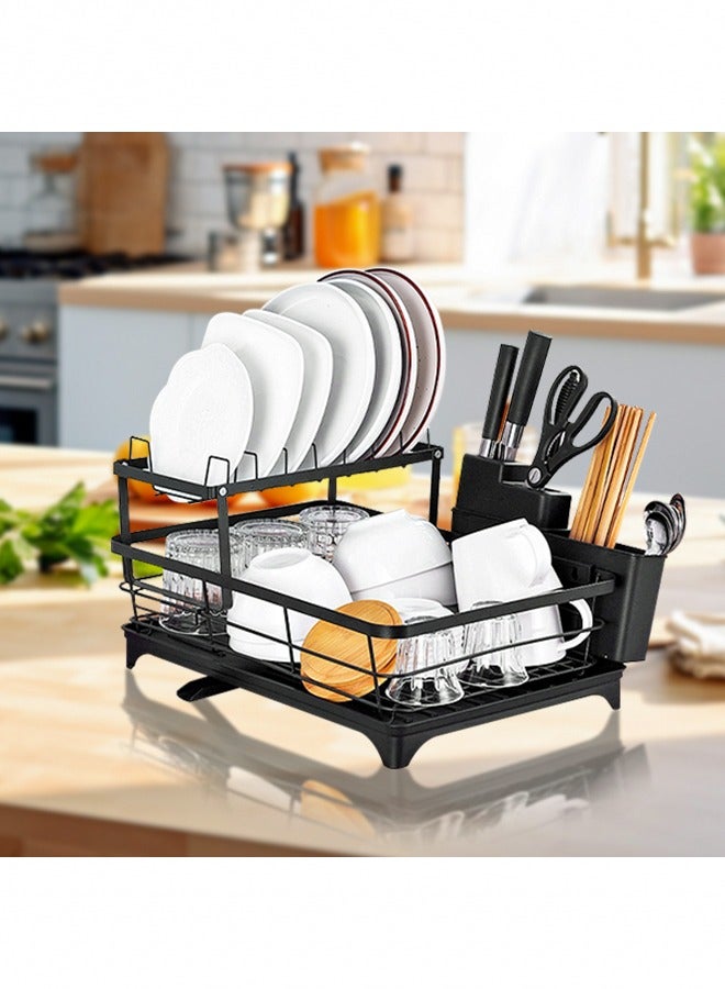 Dish Drying Rack with Chopstick Holder, Aluminum Alloy Dish Rack, Detachable 2-Tier Dish Drainer with Retractable Drainpipe, Perfect Kitchen Storage Accessory  - Image 1