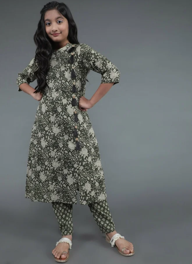 AKS Floral Printed Green Kurta Set for Girls