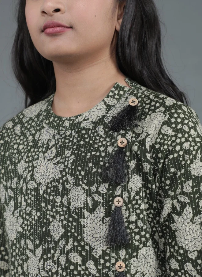AKS Floral Printed Green Kurta Set for Girls