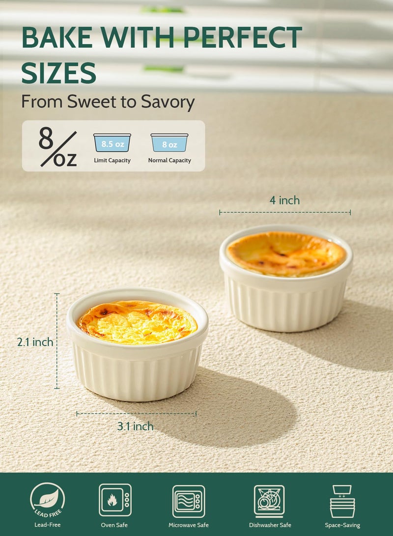 Sweese 8 oz Ramekins Set of 6, Creme Brulee Ramekins Oven Safe, Porcelain Ramiken Set, Souffle, Custard Cups for Baking and Ice Cream Bowl, White - Image 2