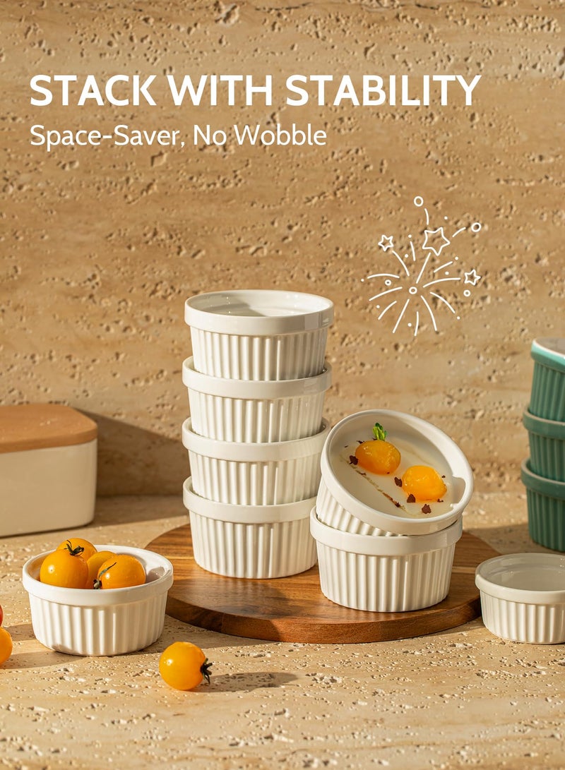 Sweese 8 oz Ramekins Set of 6, Creme Brulee Ramekins Oven Safe, Porcelain Ramiken Set, Souffle, Custard Cups for Baking and Ice Cream Bowl, White - Image 4