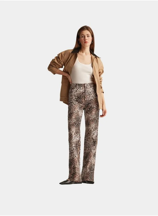 ديفاكتو DeFacto Black Leopard Print Stright Fit High Waist Pant