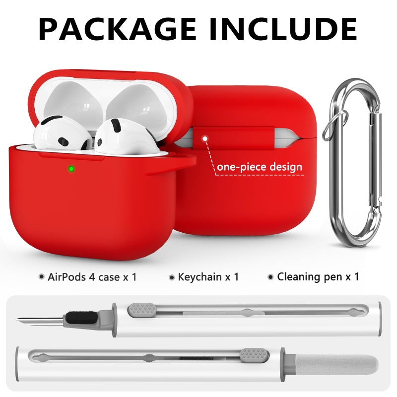 Ljusmicker for AirPods 4 Case 2024 with Cleaner Kit,Soft Silicone Protective Cover for Apple AirPods 4th Generation Cases for Women Men,AirPod 4 Case Accessories with Keychain-Deep Red - Image 3