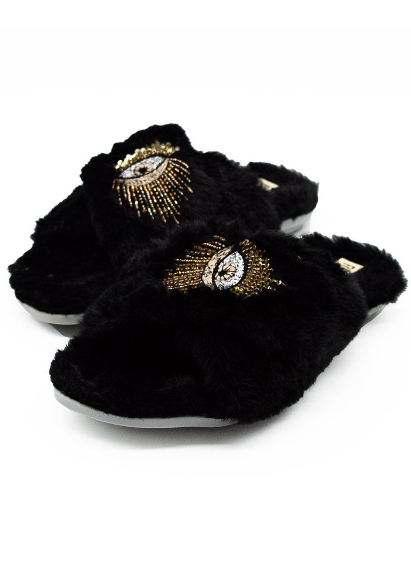 RETTROSE - The Blake Black Luxury Plush Diamanté Embellished Handmade Slipper - Image 1