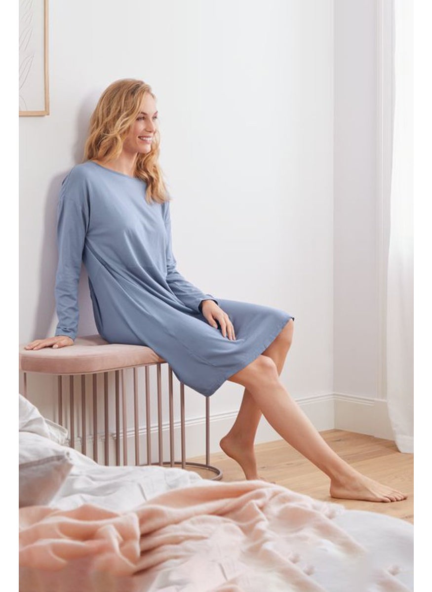 Tchibo Women Plain Long Sleeve Night Dress, Blue  - Image 1