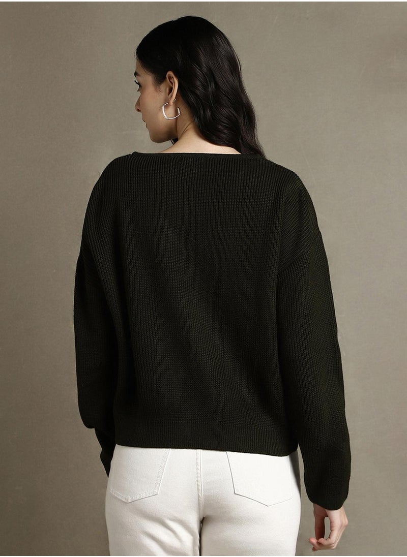 Dennis Lingo Women's Olive 100% Acrylic Solid Regular Fit Sweater  - Image 3
