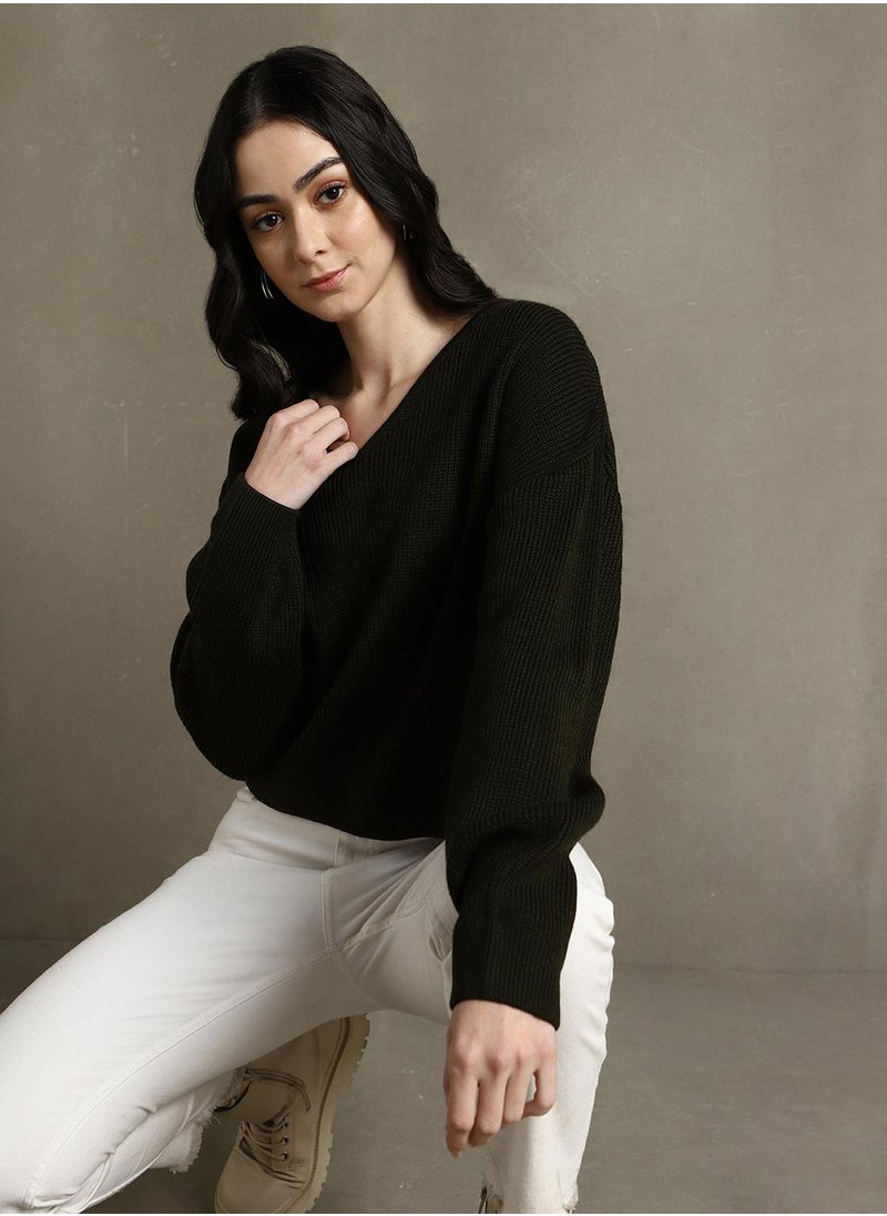 Dennis Lingo Women's Olive 100% Acrylic Solid Regular Fit Sweater  - Image 1