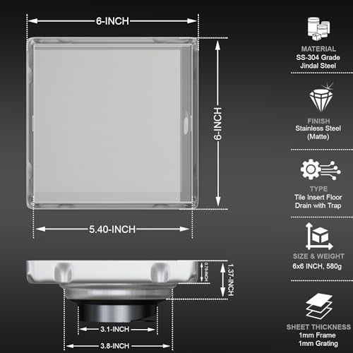 ALTON ALD1011, SS-304 Grade, 6x6 INCH, Tile Insert Bathroom Grating Square Floor Drain Jali with ABS Cockroach Trap, Matte - Image 2