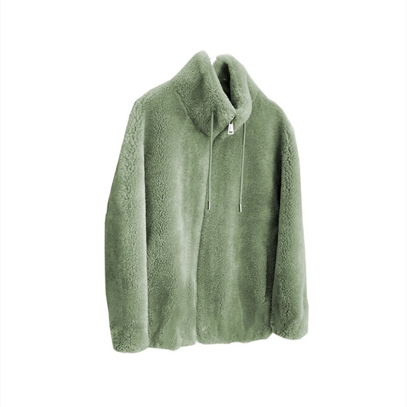 Womens Fashionable Coat Ins Winter fleece-lined Thickened Double-sided Fleece Vertical Collar Warm Sweater Womens Cardigan Zipper Fleece Green - Image 5