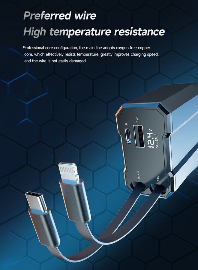 Car Charger - Fast Charging 4-in-1 Adapter, Smart Recognition, QC3.0 Fast Charging, Type-C+USB-A Port and Voltage Display - Compatible with iPhone, iPad and Galaxy - 66W Powerful Output, Safe and Durable - Image 4