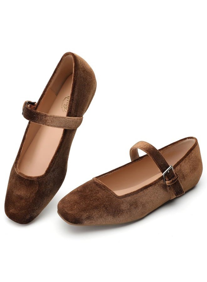 Trary Mary Jane Shoes Women Woven Flats for Women Dressy Ballet Flats Squared Toe Mary Jane Flats Shoes, Velvet Coffee, 6.5 - Image 1
