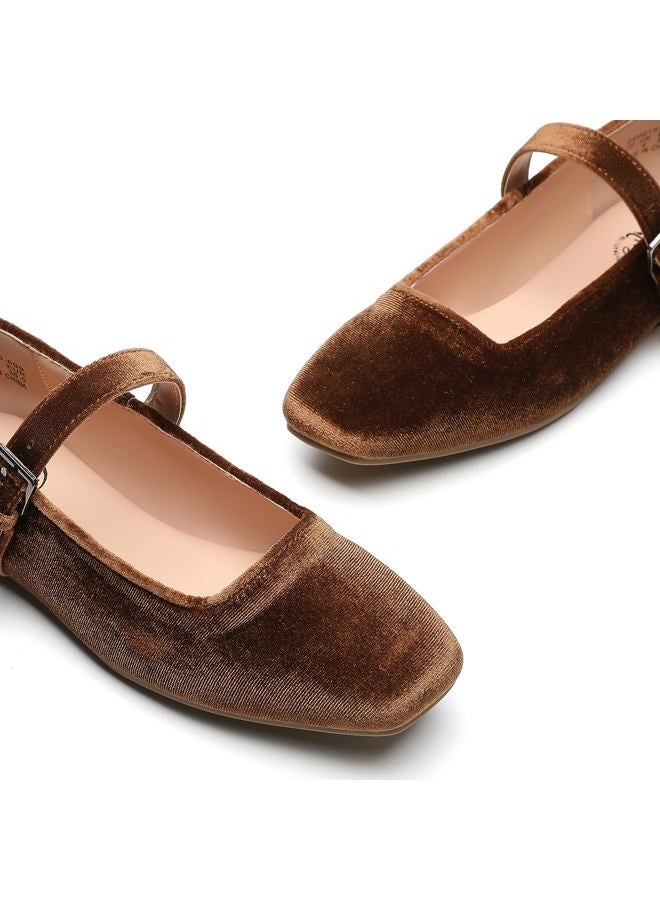 Trary Mary Jane Shoes Women Woven Flats for Women Dressy Ballet Flats Squared Toe Mary Jane Flats Shoes, Velvet Coffee, 6.5 - Image 4