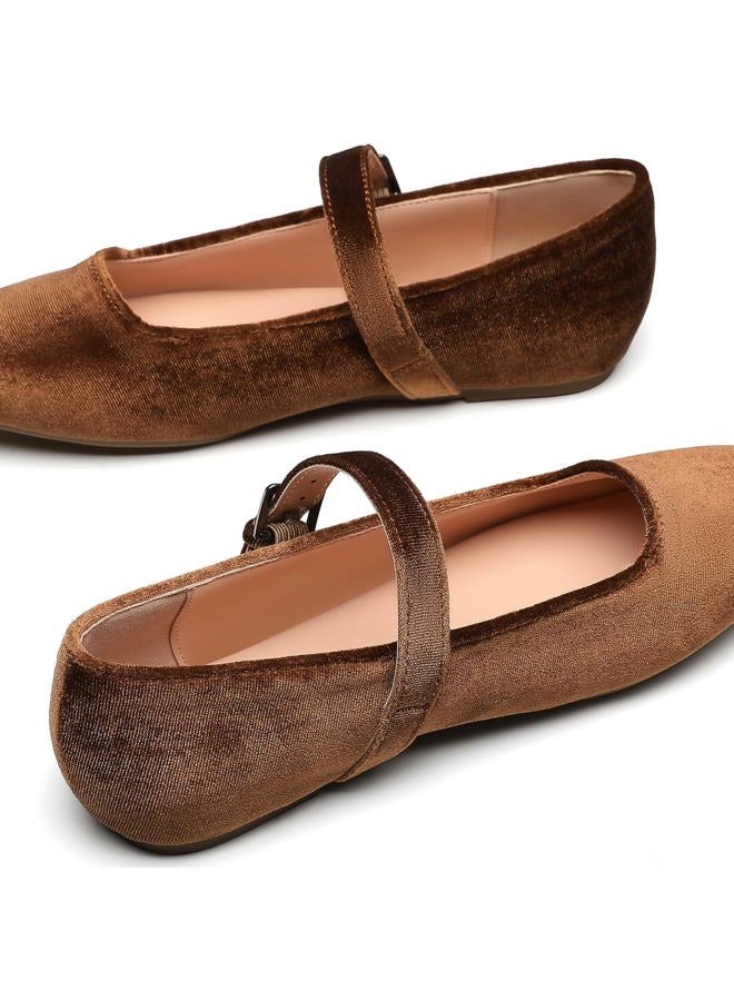 Trary Mary Jane Shoes Women Woven Flats for Women Dressy Ballet Flats Squared Toe Mary Jane Flats Shoes, Velvet Coffee, 6.5 - Image 5