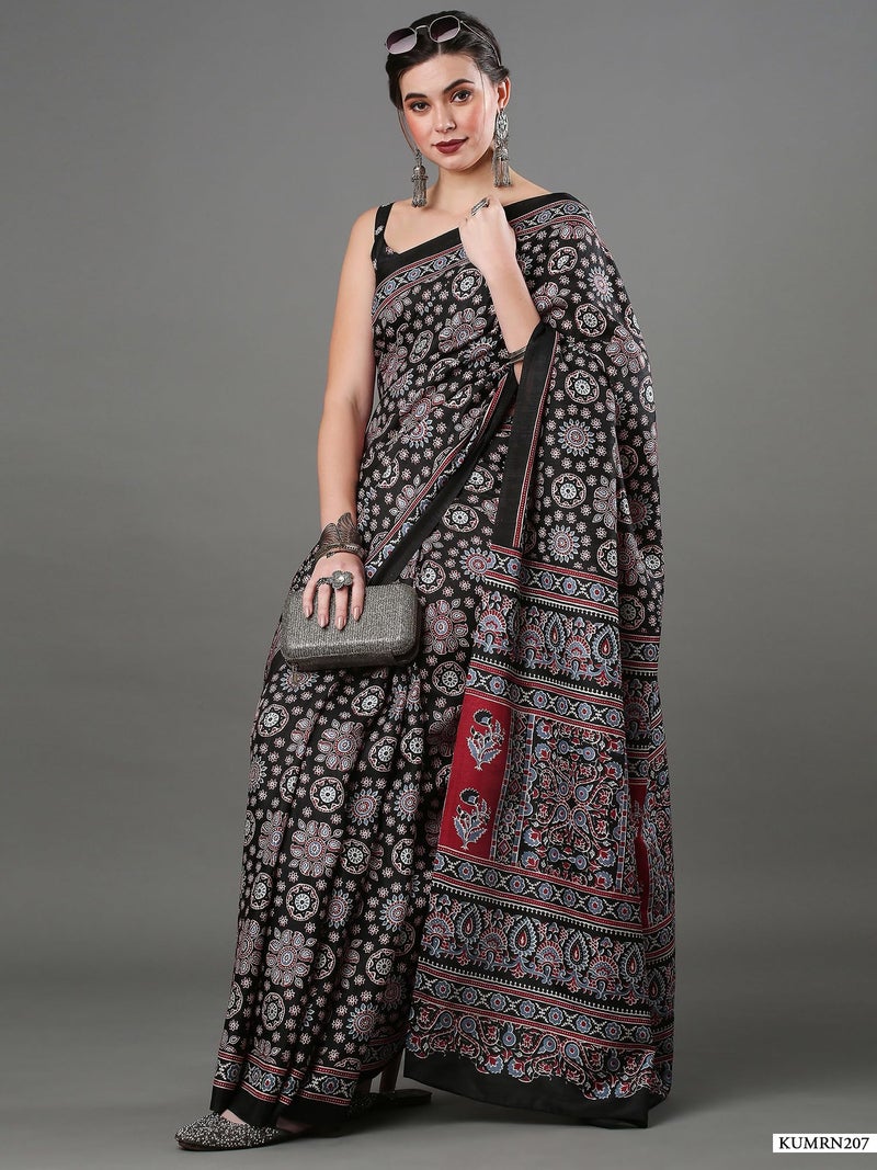 SAREE MALL Women's Ajrak Block Print Dola Silk Saree With Unstitched Blouse Piece,black - Image 3