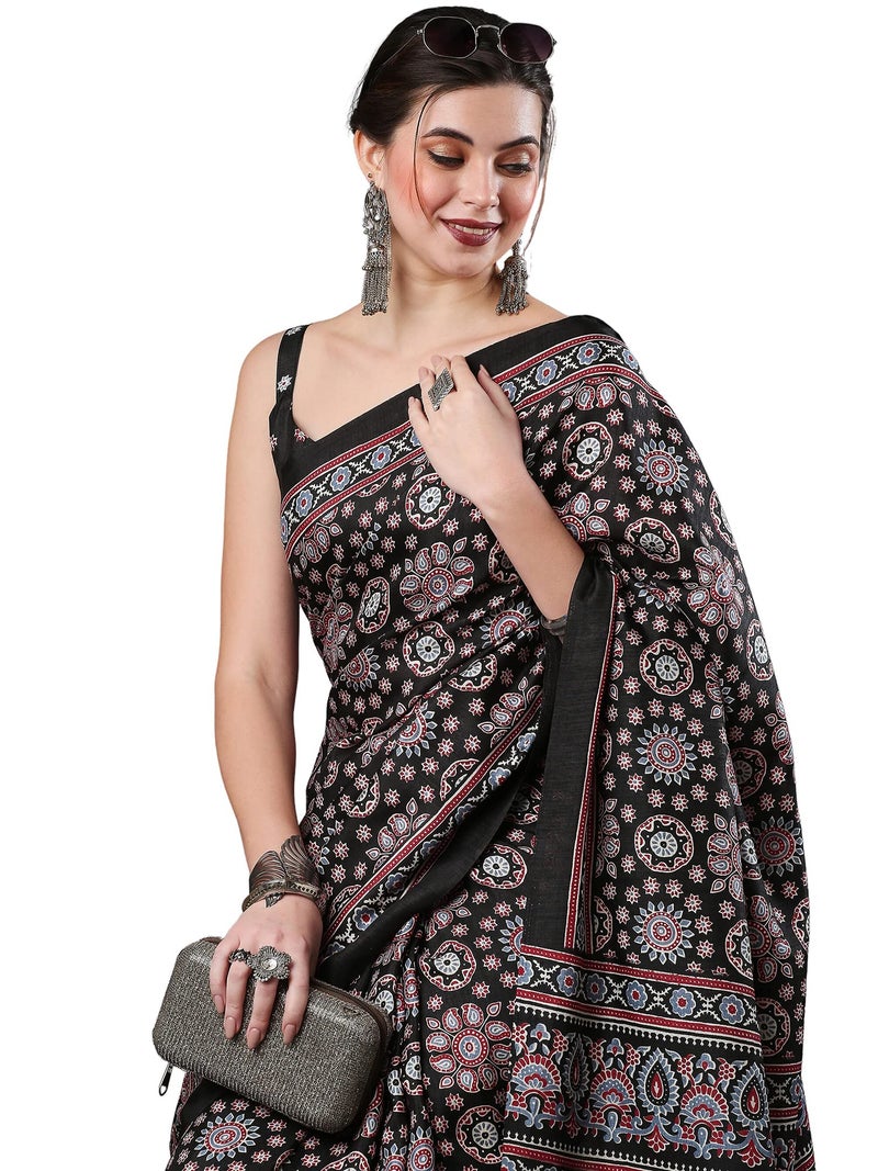 SAREE MALL Women's Ajrak Block Print Dola Silk Saree With Unstitched Blouse Piece,black - Image 1