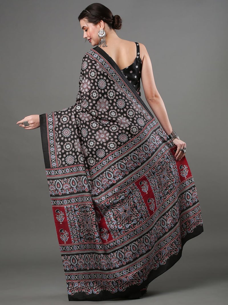 SAREE MALL Women's Ajrak Block Print Dola Silk Saree With Unstitched Blouse Piece,black - Image 2