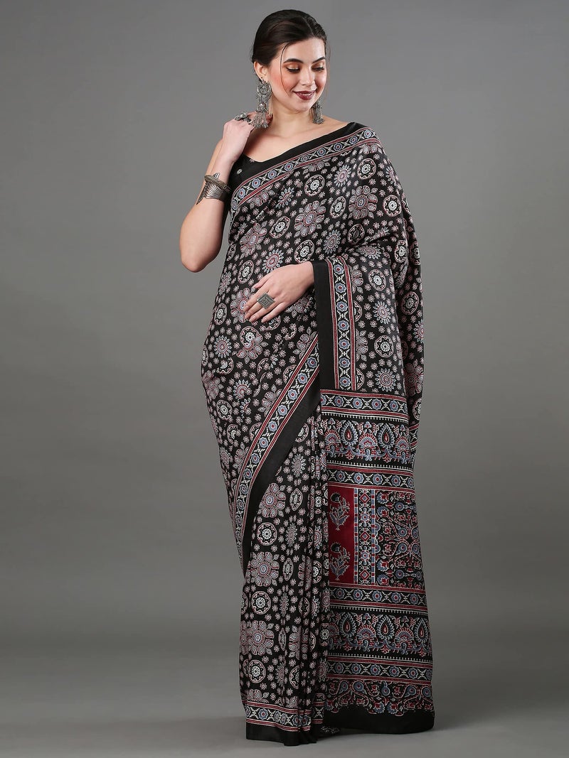 SAREE MALL Women's Ajrak Block Print Dola Silk Saree With Unstitched Blouse Piece,black - Image 4