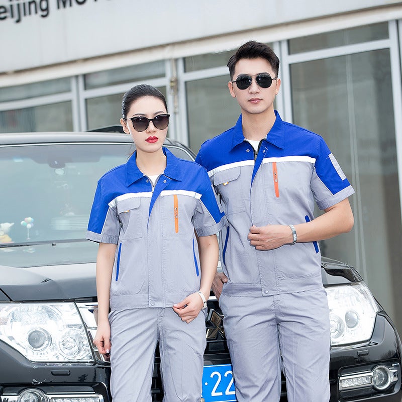 Spring and summer work clothes suit long sleeve wear-resistant work clothes mens labor protection reflective terms polyester-cotton labor protection clothes Grey Spell Yan Lan Shoulder (Short Sleeve) 