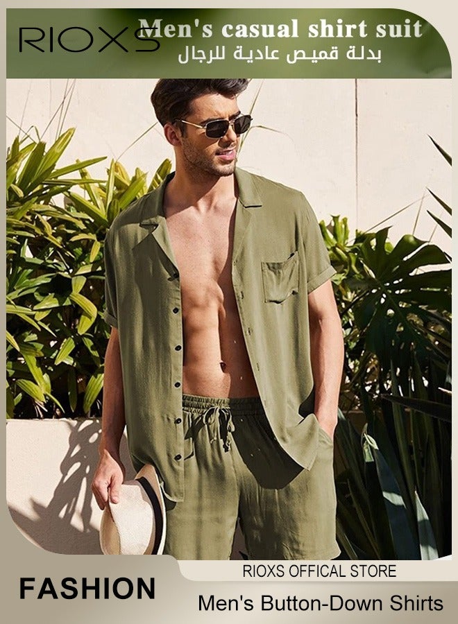 RIOXS 2-Piece Men's Summer Outfits, Loose Fit Button-Down Short Sleeve Shirts with Wide Leg Shorts, Casual 2 Piece Beach Outfits with Pockets, Lightweight Breathable Cotton Linen Blend Solid Shirt and Shorts, Perfect for Daily Wear, Sports, Party, Fitness, Working or Traveling, Green - Image 1