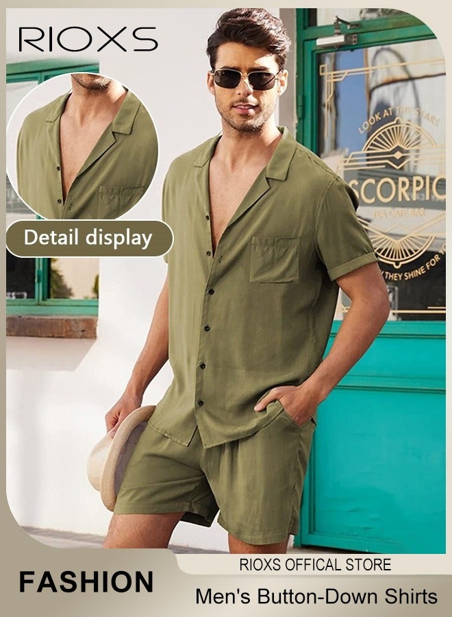 RIOXS 2-Piece Men's Summer Outfits, Loose Fit Button-Down Short Sleeve Shirts with Wide Leg Shorts, Casual 2 Piece Beach Outfits with Pockets, Lightweight Breathable Cotton Linen Blend Solid Shirt and Shorts, Perfect for Daily Wear, Sports, Party, Fitness, Working or Traveling, Green - Image 3
