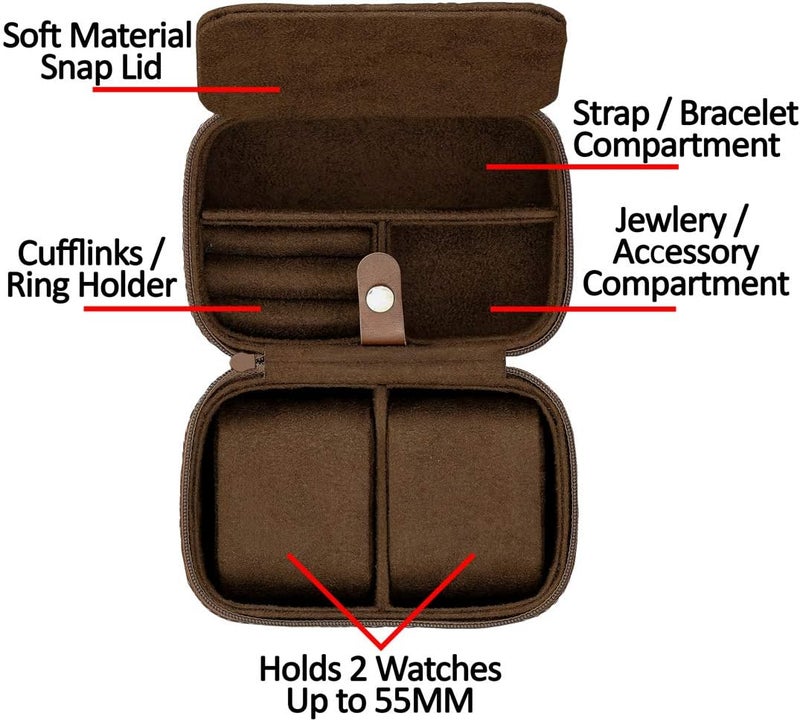 ROTHWELL 2 Watch Travel Case Storage Organizer for 2 Watches | Tough Portable Protection w/Zipper Fits All Wristwatches & Smart Watches Up to 50mm - Image 2