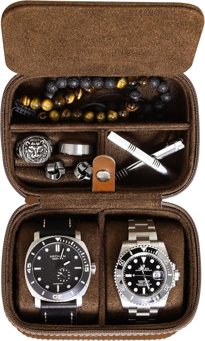 ROTHWELL 2 Watch Travel Case Storage Organizer for 2 Watches | Tough Portable Protection w/Zipper Fits All Wristwatches & Smart Watches Up to 50mm - Image 1