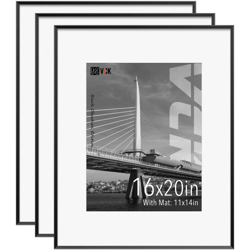 VCK Black 16x20 Picture Frame Metal for Wall 3 Pack Aluminum Poster Frame with Real Glass with Mat for 11x14 Photo or 16x20 without Mat Great for Wall Arts Prints