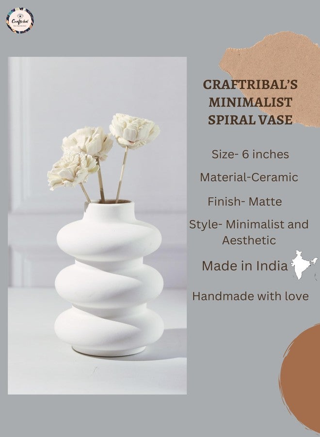 Craftribal White Ceramic Vase | Minimalist Spiral Vase | Small Vase Office Desk | Pampass Grass Vase|Home Decor Centrepiece|Size-6 inches| - Image 3