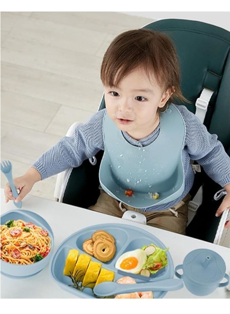 8 Pcs Silicone Baby Feeding Set, Baby Led Weaning Supplies with Suction Bowl Divided Plate, Self Feeding Spoons Forks Sippy Cup Adjustable Bib, for 6+ Months (Blue) - Image 2