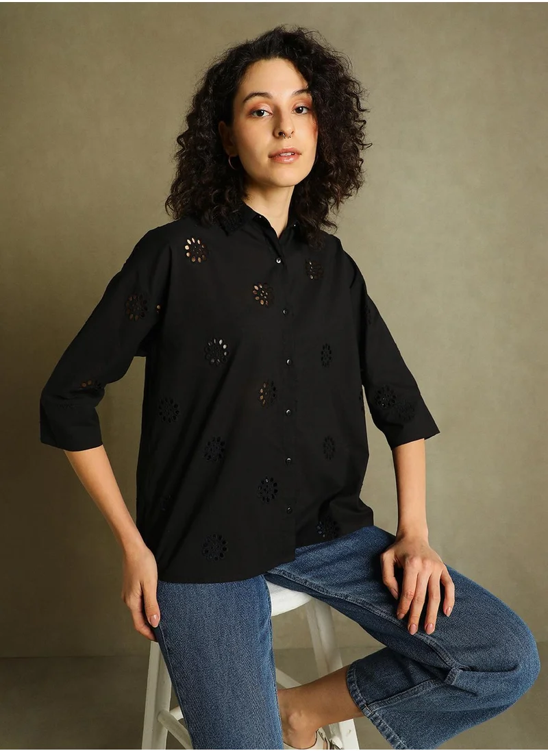 دينيس لينغو Women's Black 100% Cotton Embellished Relaxed Fit Shirt