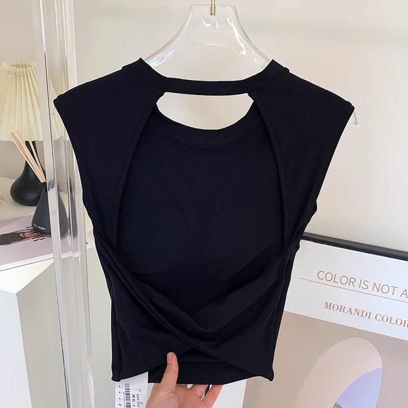 Generic Spring and Summer Short Sexy Backless Fixed Cup Yoga Vest Outer Wear Running Sports T-shirt Sleeveless Slimming Fitness Clothes Starshine Black Vest 