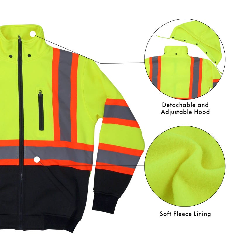 FONIRRA High Visibility Hoodie for Men Reflective ANSI Class 3 Detachable Hood Safety Sweatshirts Hi Vis Construction Work Jackets Yellow - Image 4