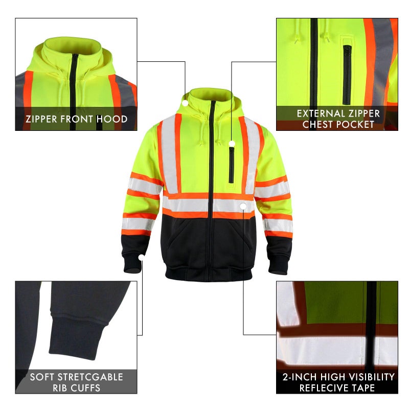 FONIRRA High Visibility Hoodie for Men Reflective ANSI Class 3 Detachable Hood Safety Sweatshirts Hi Vis Construction Work Jackets Yellow - Image 3