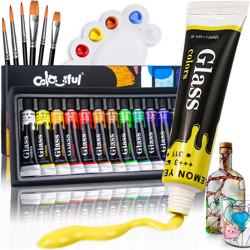 Colorful Acrylic Glass Paint Set with 6 Brushes, 1 Palette, 12 Colors Stain Glass Paints for Wine, Waterproof Acrylic Enamel Paint Kit to Create Translucent Arts on Porcelain, Window & Ceramic - Image 1