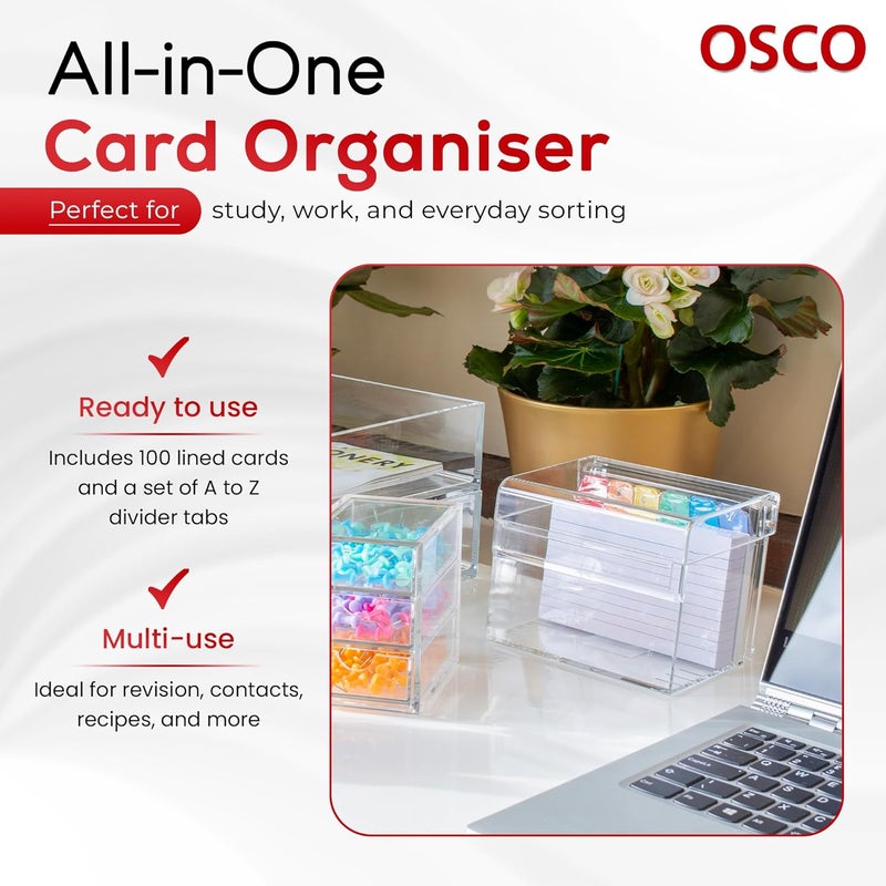 OSCO Clear Acrylic Index Box with Colored Tabs and 100 Lined Record Cards - Image 4