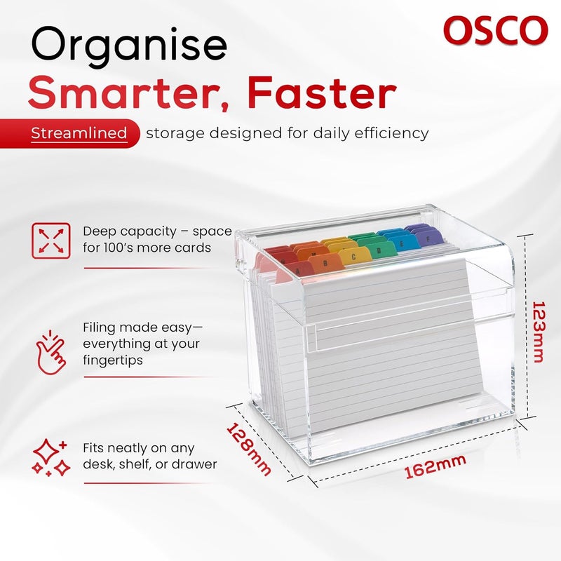 OSCO Clear Acrylic Index Box with Colored Tabs and 100 Lined Record Cards - Image 3