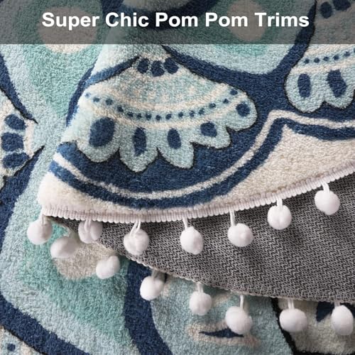 Uphome Round Rug 4ft Blue Circle Boho Rug with Pom Pom Fringe Non-Slip Washable Living Room Rug Soft Cute Blooming Mandala Throw Rug for Kid's Room Bedroom Entryway Nursery - Image 3