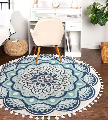 Uphome Round Rug 4ft Blue Circle Boho Rug with Pom Pom Fringe Non-Slip Washable Living Room Rug Soft Cute Blooming Mandala Throw Rug for Kid's Room Bedroom Entryway Nursery - Image 5