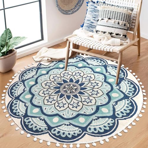 Uphome Round Rug 4ft Blue Circle Boho Rug with Pom Pom Fringe Non-Slip Washable Living Room Rug Soft Cute Blooming Mandala Throw Rug for Kid's Room Bedroom Entryway Nursery - Image 1