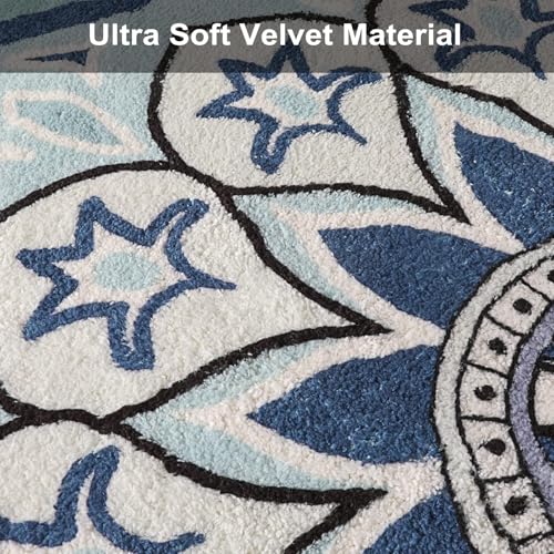 Uphome Round Rug 4ft Blue Circle Boho Rug with Pom Pom Fringe Non-Slip Washable Living Room Rug Soft Cute Blooming Mandala Throw Rug for Kid's Room Bedroom Entryway Nursery - Image 2