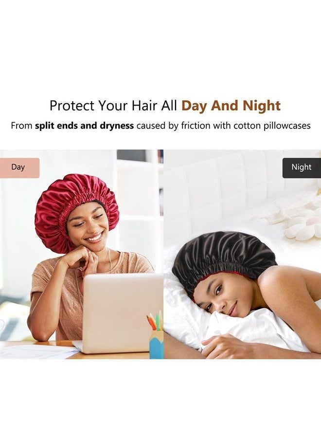 mikimini Black Satin Bonnet for Sleeping, Curly Hair Silk Sleep Cap for Women and Men Reversible Double Layer Bonnet X-Large Sleeping Cap Soft Stretchy Night Cap for Hair Care (Black+Red)  - Image 4