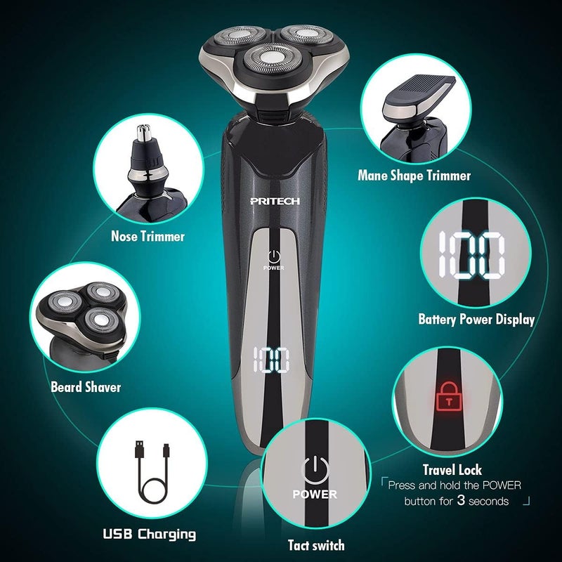 pritech PRIITECH Shaver for Men,3 in 1 Electric Razor Hair Beard Nose Trimmer Gromming Set,Coedless Rechargeable Shaving Wet and Dry USB Charging Black - Image 2