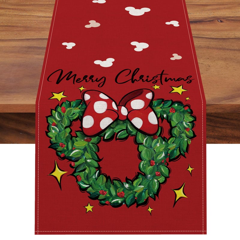 Seliem Merry Christmas Wreath Table Runner Xmas Red Polka Dot Bow Stars Kitchen Dining Table Decor Winter Holiday Farmhouse Home Decoration Indoor Outdoor Party Supply 13 x 108 Inches