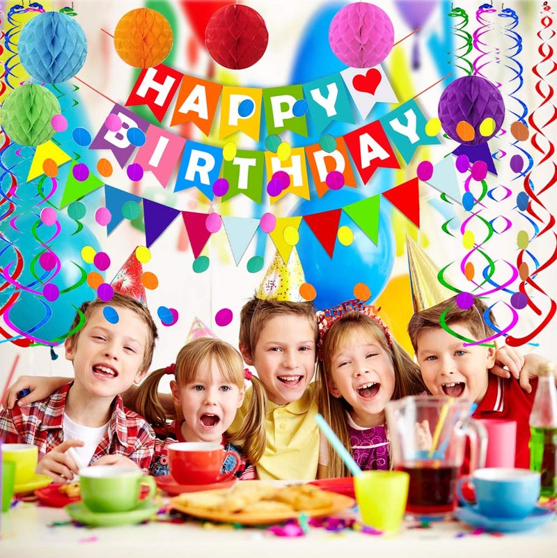 FECEDY Colorful Happy Birthday Banner Paper Triangle Flag Bunting Circle Confetti Dots Hanging Garland And Honeycomb Ball Swirl Streamers for Birthday Baby Shower Party Decoration - Image 3
